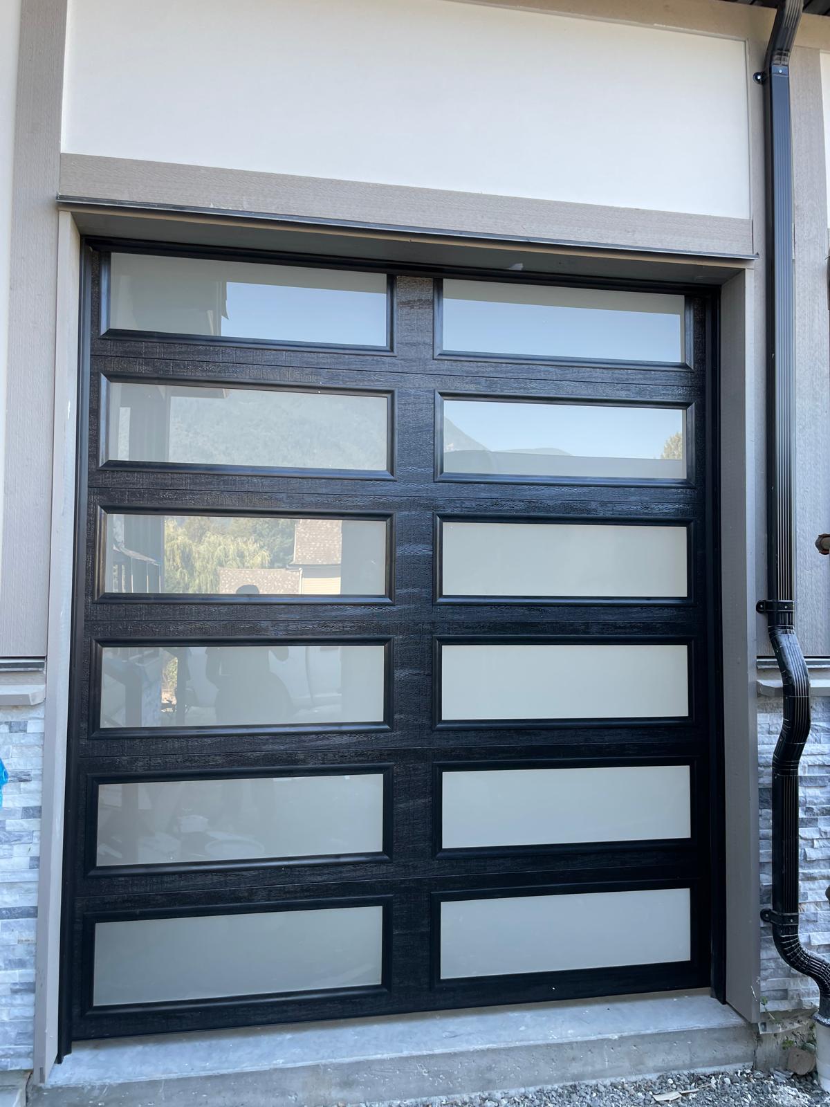 Modern garage door with frosted glass panels
